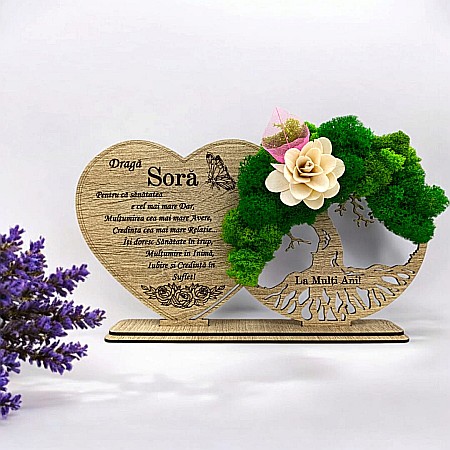 Decoratiuni cu Licheni - Cadou personalizat, Tablou copacul vietii cu mesaj standard pentru Sora, maro