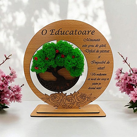 Cadouri Educatoare - Tablou decorativ cu Copacul Vietii si mesaj standard, cadou personalizat pentru Educatoare, culoare maro, dimensiune 20cm