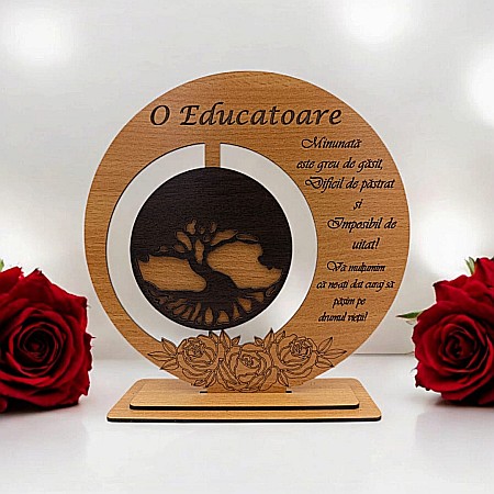 Cadouri Educatoare - Tablou decorativ, blank cu Copacul Vietii si mesaj standard, cadou personalizat pentru Educatoare, culoare maro, dimensiune 20cm