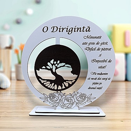 Cadouri Diriginta - Tablou decorativ, blank cu Copacul Vietii si mesaj standard, cadou personalizat pentru Diriginta, culoare alb, dimensiune 20cm