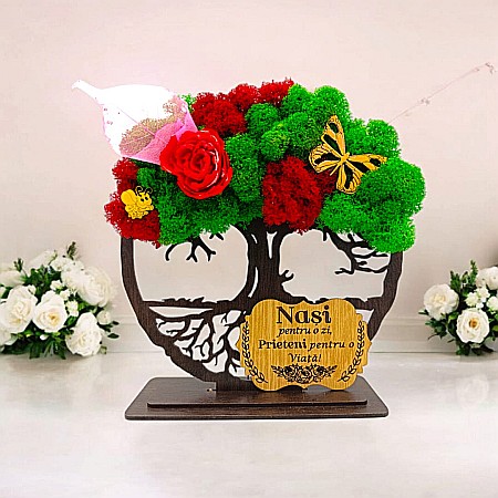 Decoratiuni cu Licheni - Cadou personalizat cu licheni – Copacul Vietii cu placuta si mesaj standard, model nou pentru Nasi