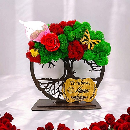 Decoratiuni cu Licheni - Cadou personalizat cu licheni – Copacul Vietii cu placuta si mesaj standard, model nou pentru Ziua Mamei, model 2