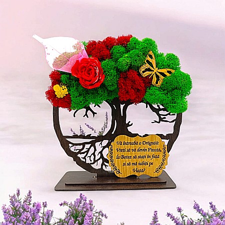 Decoratiuni cu Licheni - Cadou personalizat cu licheni – Copacul Vietii cu placuta si mesaj standard, model nou pentru Cerere Nasi