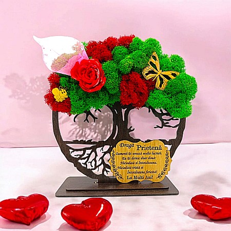 Decoratiuni cu Licheni - Cadou personalizat cu licheni – Copacul Vietii cu placuta si mesaj standard, model nou pentru Prietena