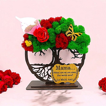 Decoratiuni cu Licheni - Cadou personalizat cu licheni – Copacul Vietii cu placuta si mesaj standard, model nou pentru Mama, model 4