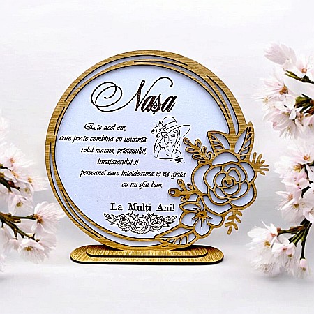Decoratiuni Ocazie - Cadou personalizat, tablou din lemn elegant cu trandafir si mesaj standard pentru Nasa