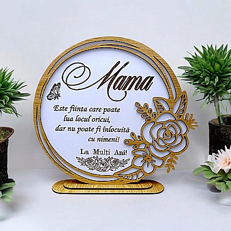Decoratiuni Ocazie - Cadou personalizat, tablou din lemn elegant cu trandafir si mesaj standard pentru Mama