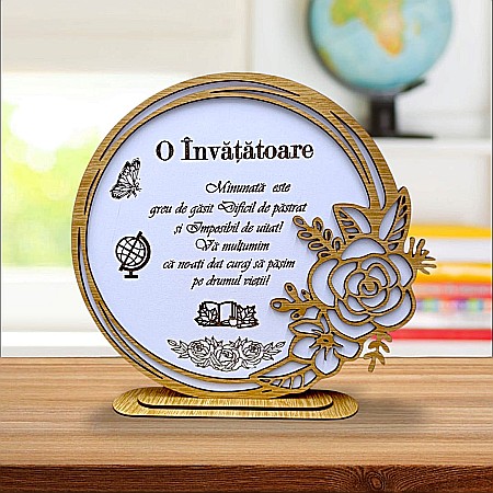 Decoratiuni Ocazie - Cadou personalizat, tablou din lemn elegant cu trandafir si mesaj standard pentru Invatatoare