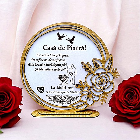 Decoratiuni Ocazie - Cadou personalizat, tablou din lemn elegant cu trandafir si mesaj standard pentru Nunta, model 2