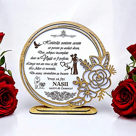Cadouri Nasi - Cadou personalizat, tablou din lemn elegant cu trandafir si mesaj standard pentru Cerere Nasi