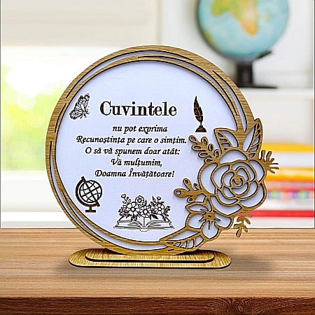 Cadouri Invatatoare - Cadou personalizat, tablou din lemn elegant cu trandafir si mesaj standard pentru Invatatoare