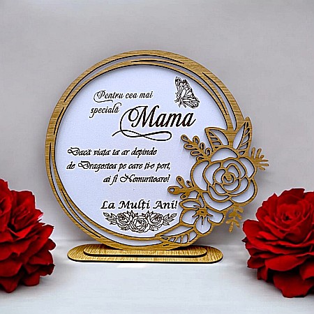 Cadouri Mama - Cadou personalizat, tablou din lemn elegant cu trandafir si mesaj standard pentru Mama, model 2