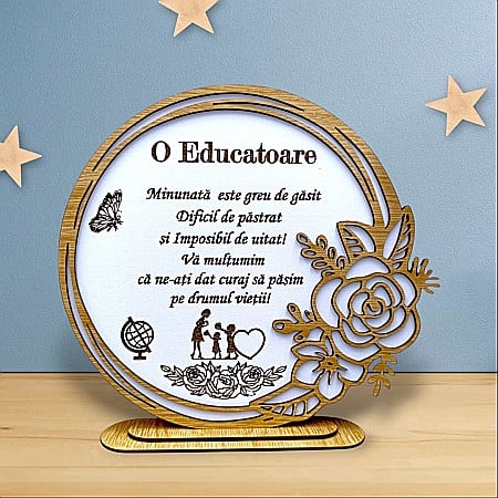 Decoratiuni din Lemn - Cadou personalizat, tablou din lemn elegant cu trandafir si mesaj standard pentru Educatoare