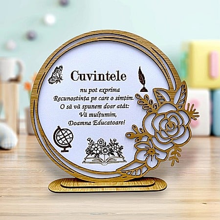 Decoratiuni din Lemn - Cadou personalizat, tablou din lemn elegant cu trandafir si mesaj standard pentru Educatoare, model 2