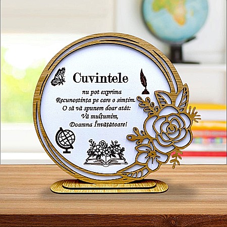 Cadouri Invatatoare - Cadou personalizat, tablou din lemn elegant cu trandafir si mesaj standard pentru Invatatoare, model 2