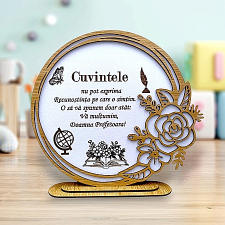 Decoratiuni din Lemn - Cadou personalizat, tablou din lemn elegant cu trandafir si mesaj standard pentru Profesoara, model 2