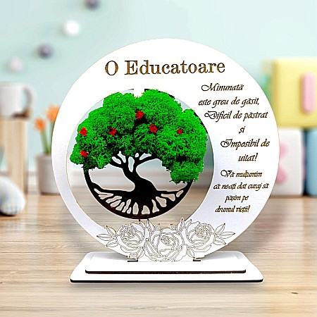 Cadouri Educatoare - Tablou decorativ cu Copacul Vietii si mesaj standard, cadou personalizat pentru Educatoare, culoare alb