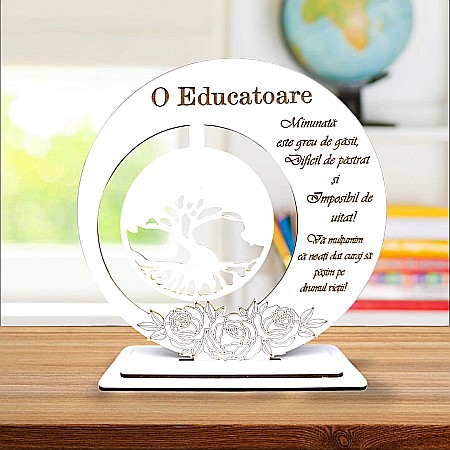 Cadouri Profesori - Tablou decorativ, blank cu Copacul Vietii si mesaj standard, cadou personalizat pentru Educatoare, alb