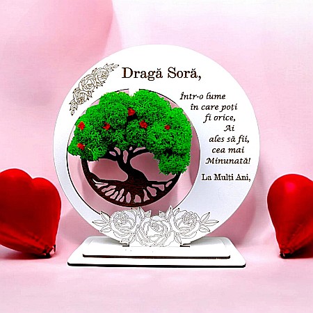 Cadouri Sora - Tablou decorativ cu Copacul Vietii si mesaj standard, cadou personalizat pentru Sora, culoare alb