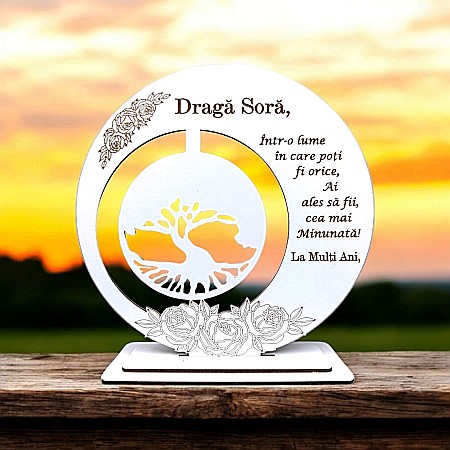 Cadouri Profesori - Tablou decorativ, blank cu Copacul Vietii si mesaj standard, cadou personalizat pentru Sora, alb