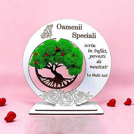 Tablou rotund Copacul Vietii - Tablou decorativ cu Copacul Vietii si mesaj standard, cadou personalizat pentru Oamenii Speciali, culoare alb