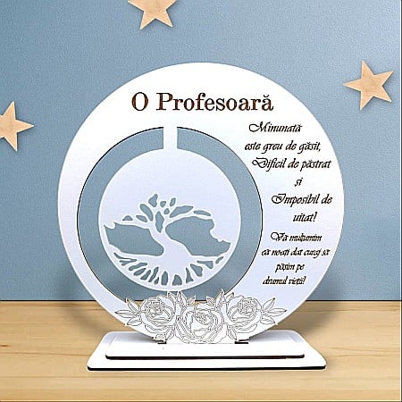 Cadouri Profesoara - Tablou decorativ, blank cu Copacul Vietii si mesaj standard, cadou personalizat pentru Profesoara, alb
