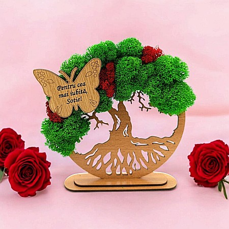Decoratiuni cu Licheni - Cadou personalizat, Copacul vietii cu fluture si mesaj standard pentru "Cea mai iubita Sotie!",