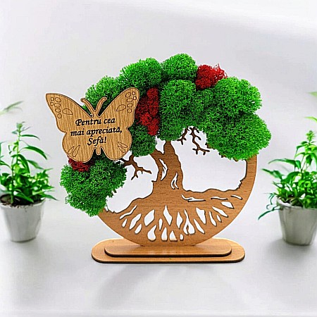 Decoratiuni cu Licheni - Cadou personalizat, Copacul vietii cu fluture si mesaj standard pentru "Cea mai apreciata Sefa!"