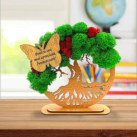 Decoratiuni cu Licheni - Cadou personalizat, Copacul vietii cu fluture si mesaj standard pentru Invatatoare