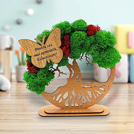 Decoratiuni cu Licheni - Cadou personalizat, Copacul vietii cu fluture si mesaj standard pentru Educatoare