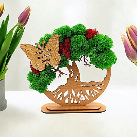 Decoratiuni cu Licheni - Cadou personalizat, Copacul vietii cu fluture si mesaj standard pentru Sora