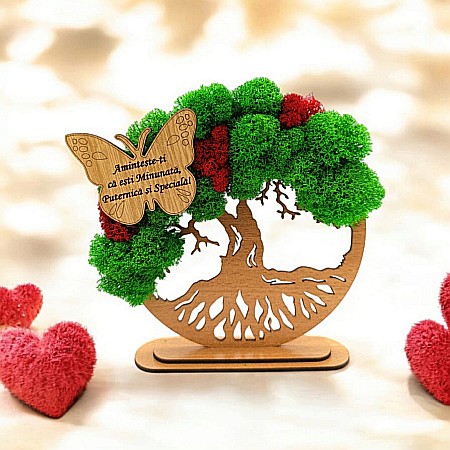 Decoratiuni cu Licheni - Cadou personalizat, Copacul vietii cu fluture si mesaj standard pentru Sotie/Mama/Iubita