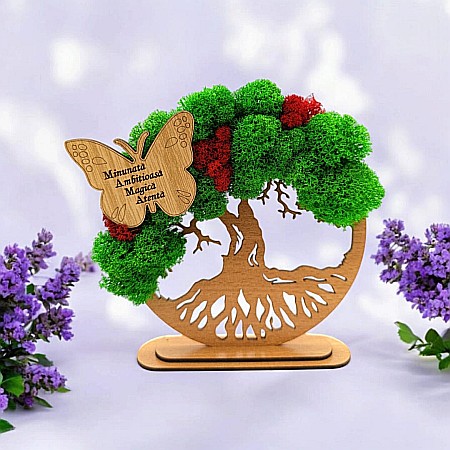 Decoratiuni cu Licheni - Cadou personalizat, Copacul vietii cu fluture si mesaj standard pentru Iubita/Mama/Sotie