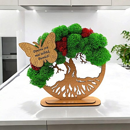 Decoratiuni cu Licheni - Cadou personalizat, Copacul vietii cu fluture si mesaj standard pentru Bunica