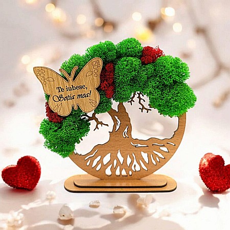 Decoratiuni cu Licheni - Cadou personalizat, Copacul vietii cu fluture si mesaj standard pentru "Sotia Mea"