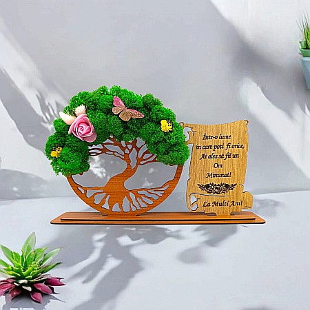 Cadou Copacul vietii cu placuta - Cadou personalizat, Copacul vietii cu licheni si placuta, mesaj standard pentru un Om Minunat ,dimensiune 30x18cm