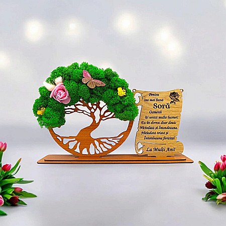 Cadou Copacul vietii cu placuta - Cadou personalizat, Copacul vietii cu licheni si placuta, mesaj standard pentru Sora ,dimensiune 30x18cm