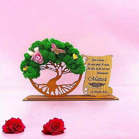 Cadou Copacul vietii cu placuta - Cadou personalizat, Copacul vietii cu licheni si placuta, mesaj standard pentru Matusa ,dimensiune 30x18cm