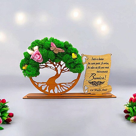 Cadou Copacul vietii cu placuta - Cadou personalizat, Copacul vietii cu licheni si placuta, mesaj standard pentru Bunica ,dimensiune 30x18cm