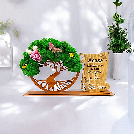 Cadou Copacul vietii cu placuta - Cadou personalizat, Copacul vietii cu licheni si placuta, mesaj standard pentru Familie/Prieteni/Nasi ,dimensiune 30x18cm
