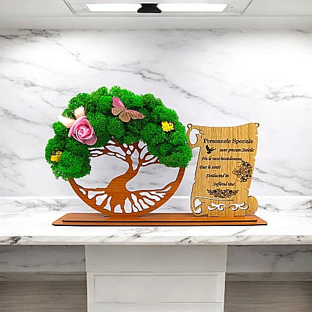 Cadou Copacul vietii cu placuta - Cadou personalizat, Copacul vietii cu licheni si placuta, mesaj standard pentru Familie/Prieteni/Nasi ,model 3 ,dimensiune 30x18cm