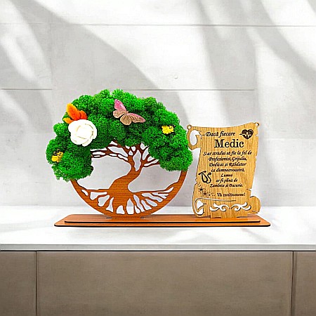 Cadou Copacul vietii cu placuta - Cadou personalizat, Copacul vietii cu licheni si placuta, mesaj standard pentru Medici/Doctori,dimensiune 30x18cm