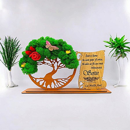 Cadou Copacul vietii cu placuta - Cadou personalizat, Copacul vietii cu licheni si placuta, mesaj standard pentru Sotie, dimensiune 30x18cm