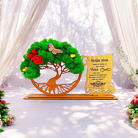 Cadou Copacul vietii cu placuta - Cadou personalizat, Copacul vietii cu licheni si placuta, mesaj standard pentru "Sotia Mea", dimensiune 30x18cm