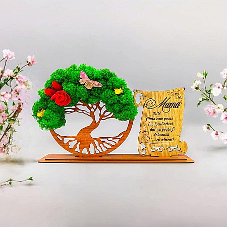Cadou Copacul vietii cu placuta - Cadou personalizat, Copacul vietii cu licheni si placuta, mesaj standard pentru "Mama este...", dimensiune 30x18cm