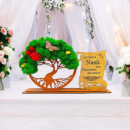 Cadou Copacul vietii cu placuta - Cadou personalizat, Copacul vietii cu licheni si placuta, mesaj standard pentru "La casa cu Nasii Buni", dimensiune 30x18cm