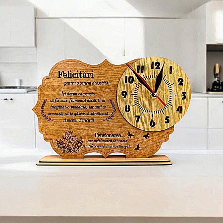 Ceasuri din Lemn - Cadou personalizat, Tablou ceas cu mesaj standard pentru Pensionari "Felicitari pentru o cariera deosebita!" 30x20