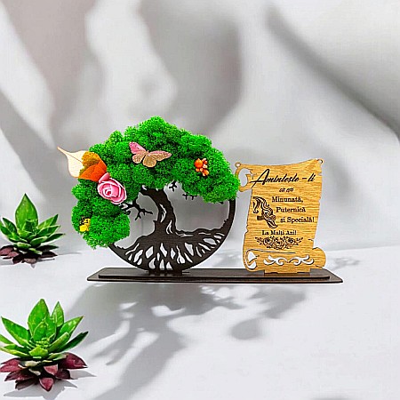 Cadou Copacul vietii cu placuta - Cadou personalizat, Copacul vietii cu licheni si placuta, mesaj standard pentru 8Martie/Ziua Femeii, dimensiune 30x18cm, wenge