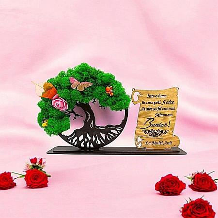 Cadou Copacul vietii cu placuta - Cadou personalizat, Copacul vietii cu licheni si placuta, mesaj standard pentru Bunica, dimensiune 30x18cm, wenge