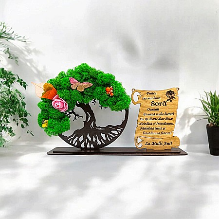 Cadou Copacul vietii cu placuta - Cadou personalizat, Copacul vietii cu licheni si placuta, mesaj standard pentru Sora, dimensiune 30x18cm, wenge